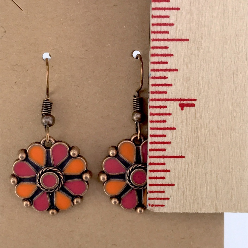 Floral Bronze Bohemian Earrings with Red and Orange Accents Fashion Jewelry - Picture 2 of 3